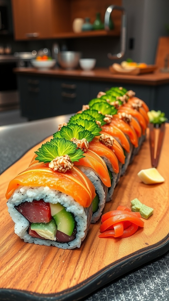 A long, vivid sushi roll with salmon, tuna, cucumber, and avocado, garnished with wasabi and ginger, presented on a wooden platter.